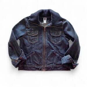 GAP : Vintage 2004 Denim Bomber Jacket Ribbed Shawl Collar Zip Front : L